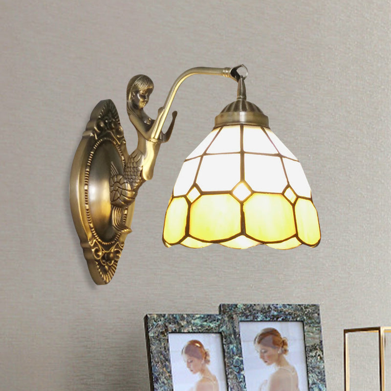 Siopsrl| 1 Bulb Living Room Wall Mounted Light Baroque Bronze Mermaid Wall Lamp with Grid Dome Dark/Richtersky Blue and White Glass Shade