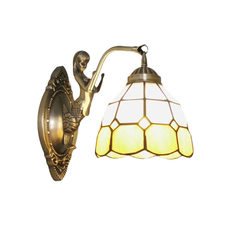 Siopsrl| 1 Bulb Living Room Wall Mounted Light Baroque Bronze Mermaid Wall Lamp with Grid Dome Dark/Richtersky Blue and White Glass Shade