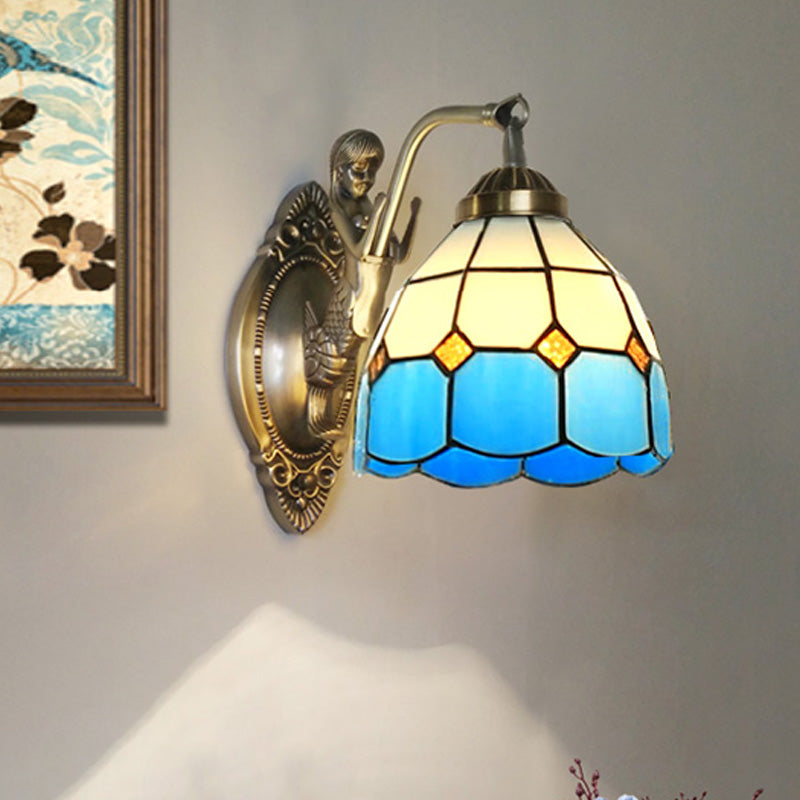 Siopsrl| 1 Bulb Living Room Wall Mounted Light Baroque Bronze Mermaid Wall Lamp with Grid Dome Dark/Richtersky Blue and White Glass Shade