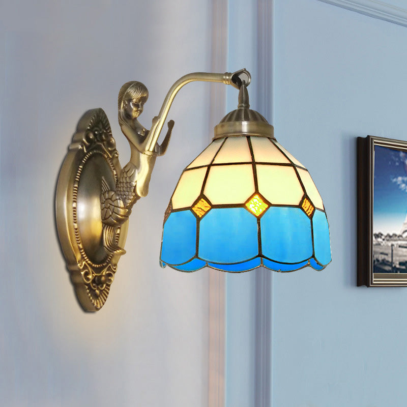 Siopsrl| 1 Bulb Living Room Wall Mounted Light Baroque Bronze Mermaid Wall Lamp with Grid Dome Dark/Richtersky Blue and White Glass Shade