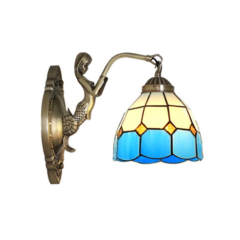 Siopsrl| 1 Bulb Living Room Wall Mounted Light Baroque Bronze Mermaid Wall Lamp with Grid Dome Dark/Richtersky Blue and White Glass Shade