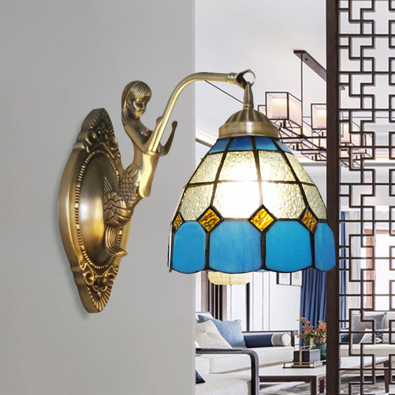 Siopsrl| 1 Bulb Living Room Wall Mounted Light Baroque Bronze Mermaid Wall Lamp with Grid Dome Dark/Richtersky Blue and White Glass Shade