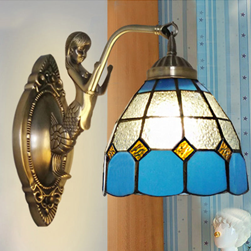 Siopsrl| 1 Bulb Living Room Wall Mounted Light Baroque Bronze Mermaid Wall Lamp with Grid Dome Dark/Richtersky Blue and White Glass Shade
