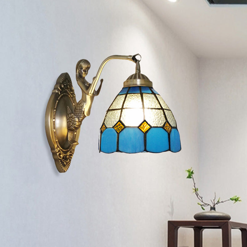 Siopsrl| 1 Bulb Living Room Wall Mounted Light Baroque Bronze Mermaid Wall Lamp with Grid Dome Dark/Richtersky Blue and White Glass Shade