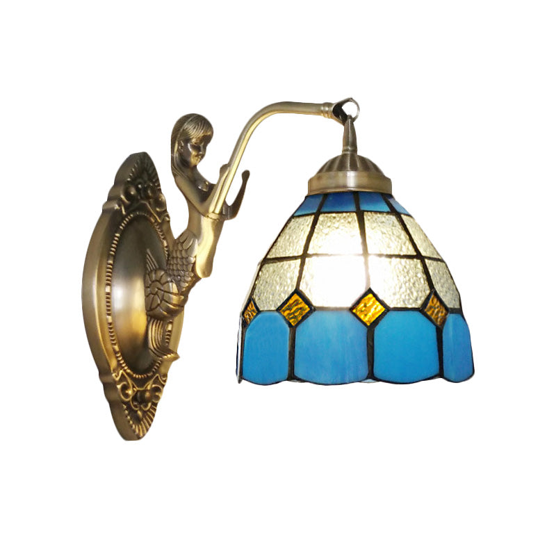Siopsrl| 1 Bulb Living Room Wall Mounted Light Baroque Bronze Mermaid Wall Lamp with Grid Dome Dark/Richtersky Blue and White Glass Shade