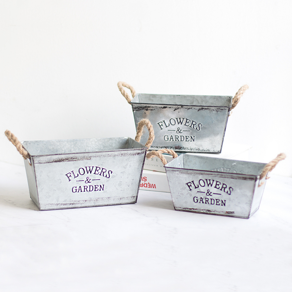 Siopsrl| Decorative flower and garden container made of metal with hemp rope handles