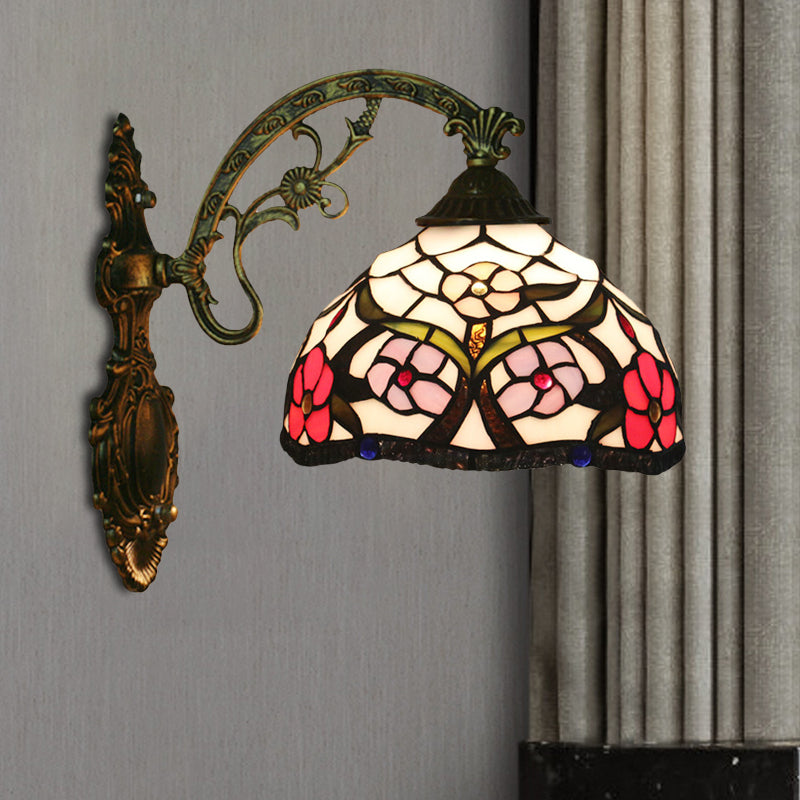 Siopsrl| Bronze 1-Light Wall Lighting Fixture Tiffany Cut Glass Peony Pattern Bowl Wall Mount Light