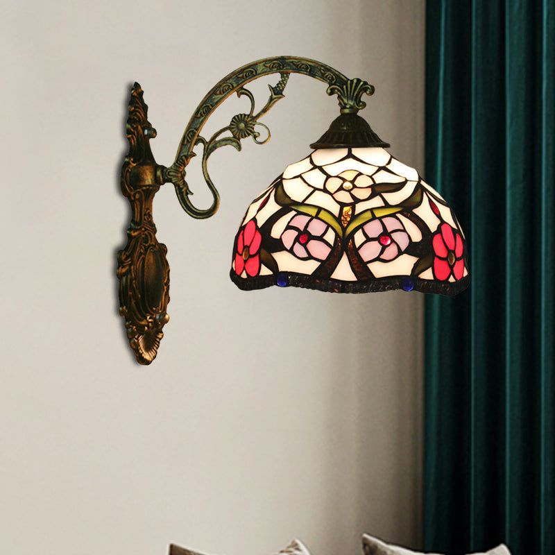 Siopsrl| Bronze 1-Light Wall Lighting Fixture Tiffany Cut Glass Peony Pattern Bowl Wall Mount Light