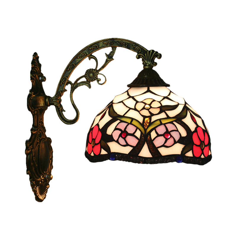 Siopsrl| Bronze 1-Light Wall Lighting Fixture Tiffany Cut Glass Peony Pattern Bowl Wall Mount Light
