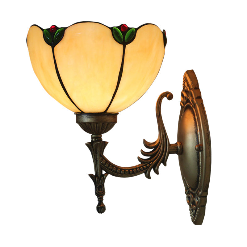 Siopsrl| Beige Glass Bud Wall Lamp Vintage 1 Head Brass Finish Wall Light Fixture for Bedroom