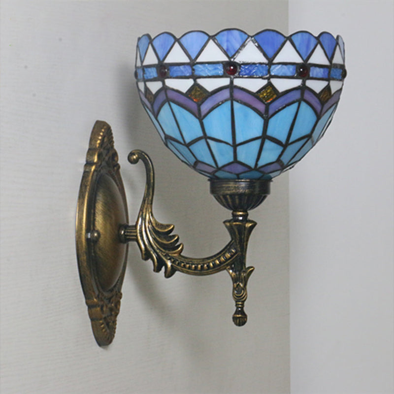 Siopsrl| 1-Light Bedroom Wall Light Mediterranean Bronze Wall Sconce Fixture with Bowl Blue Glass Shade