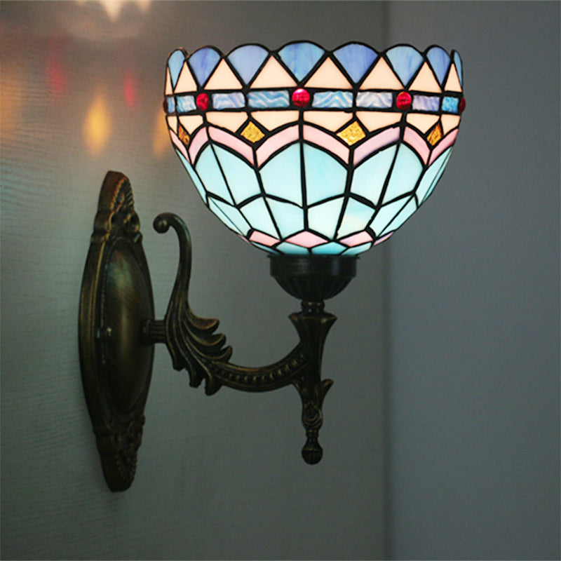 Siopsrl| 1-Light Bedroom Wall Light Mediterranean Bronze Wall Sconce Fixture with Bowl Blue Glass Shade