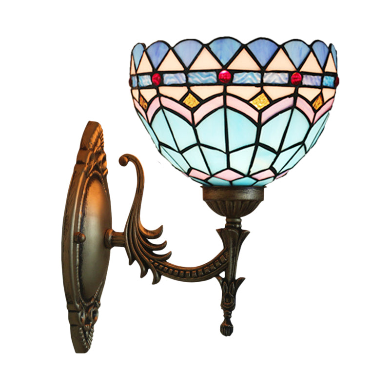 Siopsrl| 1-Light Bedroom Wall Light Mediterranean Bronze Wall Sconce Fixture with Bowl Blue Glass Shade