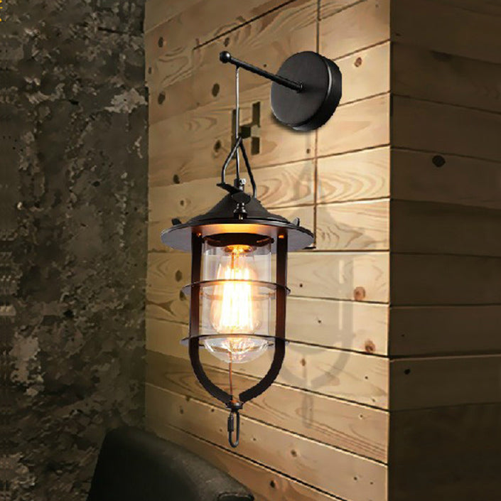 Siopsrl| 1 Bulb Cage Wall-Mounted Light Fixture Industrial Black Clear Glass Lighting for Porch