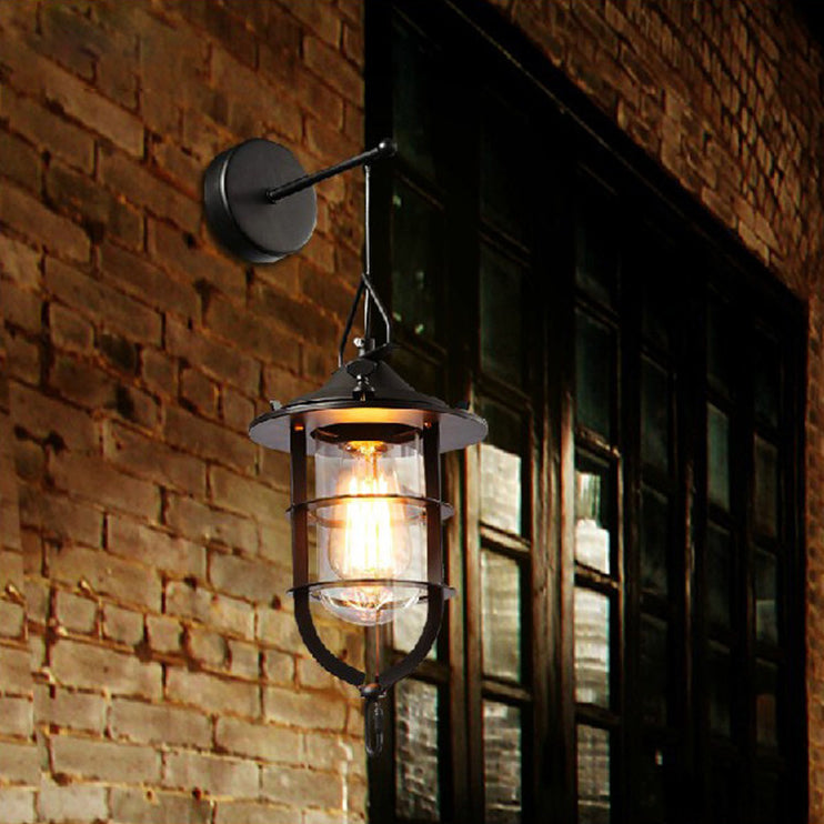 Siopsrl| 1 Bulb Cage Wall-Mounted Light Fixture Industrial Black Clear Glass Lighting for Porch