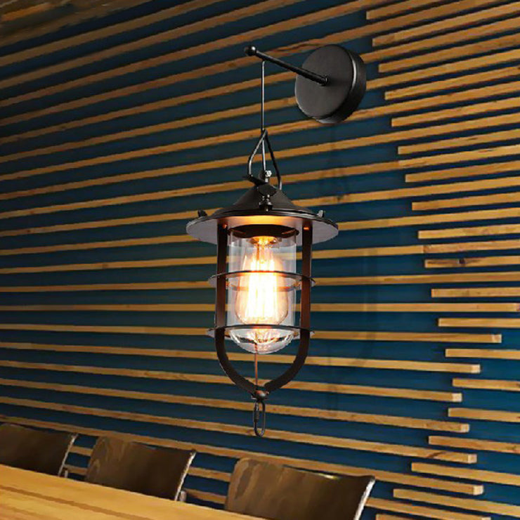 Siopsrl| 1 Bulb Cage Wall-Mounted Light Fixture Industrial Black Clear Glass Lighting for Porch