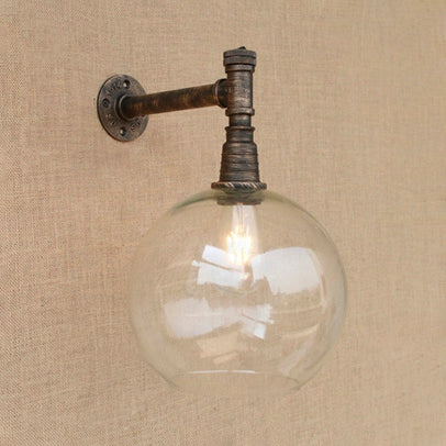 Siopsrl| Iron bronze wall lamp fixture pipe 1 head antique style wall mount light with global glass shade, 8"/12" wide