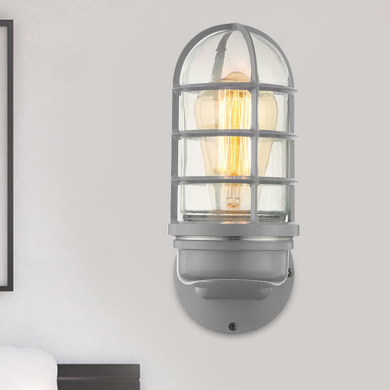 Siopsrl| Cylinder Clear Glass Wall Mounted Lamp Industrial Single Bulb Living Room Wall Light in Pink/Blue/Green with Cage