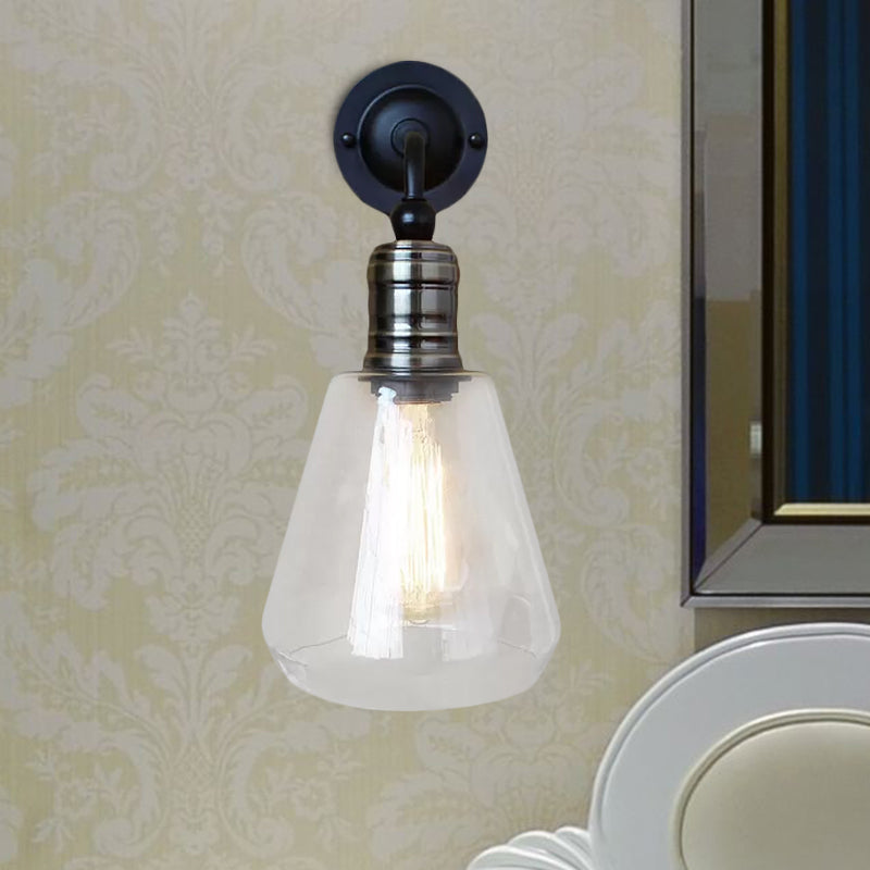 Siopsrl| Rustic Style Tapered Shade Wall Lighting Fixture Single Gloss Clear Glass Wall Lamp in Black for Kitchen