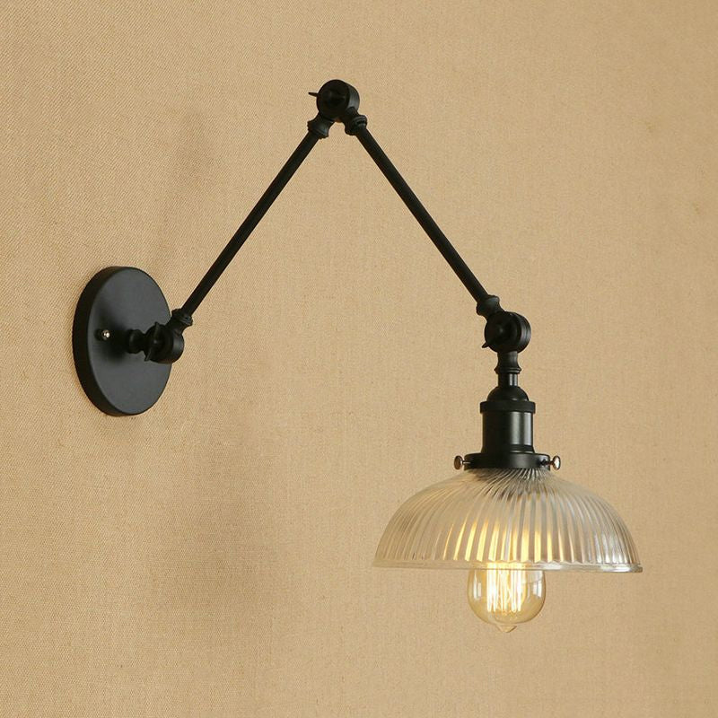 Siopsrl| 1 Light Ribbed Glass Wall Lamp Light Industrial Antique Brass/Black/Rust Dome Living Room Lighting Fixture with Swing Arm