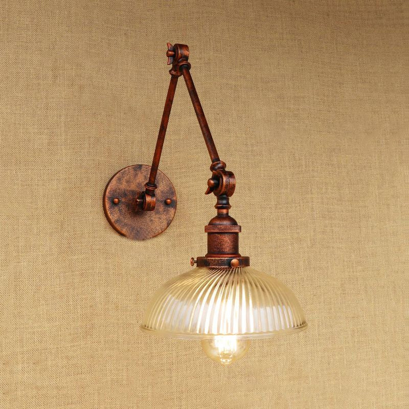 Siopsrl| 1 Light Ribbed Glass Wall Lamp Light Industrial Antique Brass/Black/Rust Dome Living Room Lighting Fixture with Swing Arm