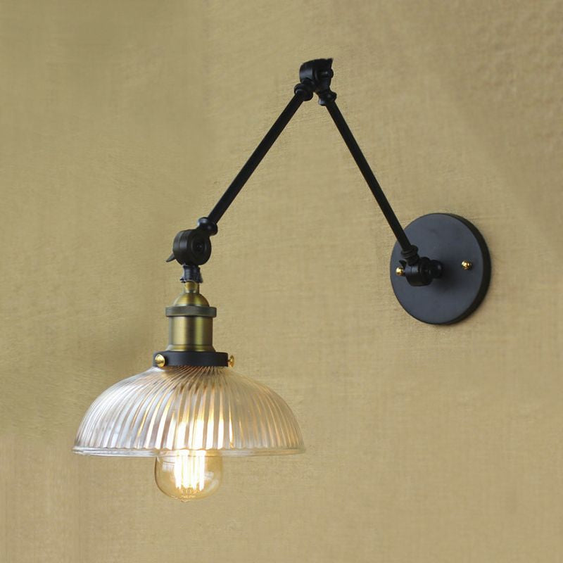 Siopsrl| 1 Light Ribbed Glass Wall Lamp Light Industrial Antique Brass/Black/Rust Dome Living Room Lighting Fixture with Swing Arm
