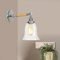 Siopsrl| 1 Light Clear Textured Glass Wall Sconce Light Vintage Chrome Bell Living Room Lighting Fixture, 8"/4"/6" Wide Wooden Arm