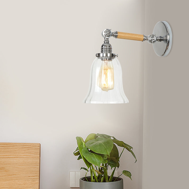 Siopsrl| 1 Light Clear Textured Glass Wall Sconce Light Vintage Chrome Bell Living Room Lighting Fixture, 8"/4"/6" Wide Wooden Arm