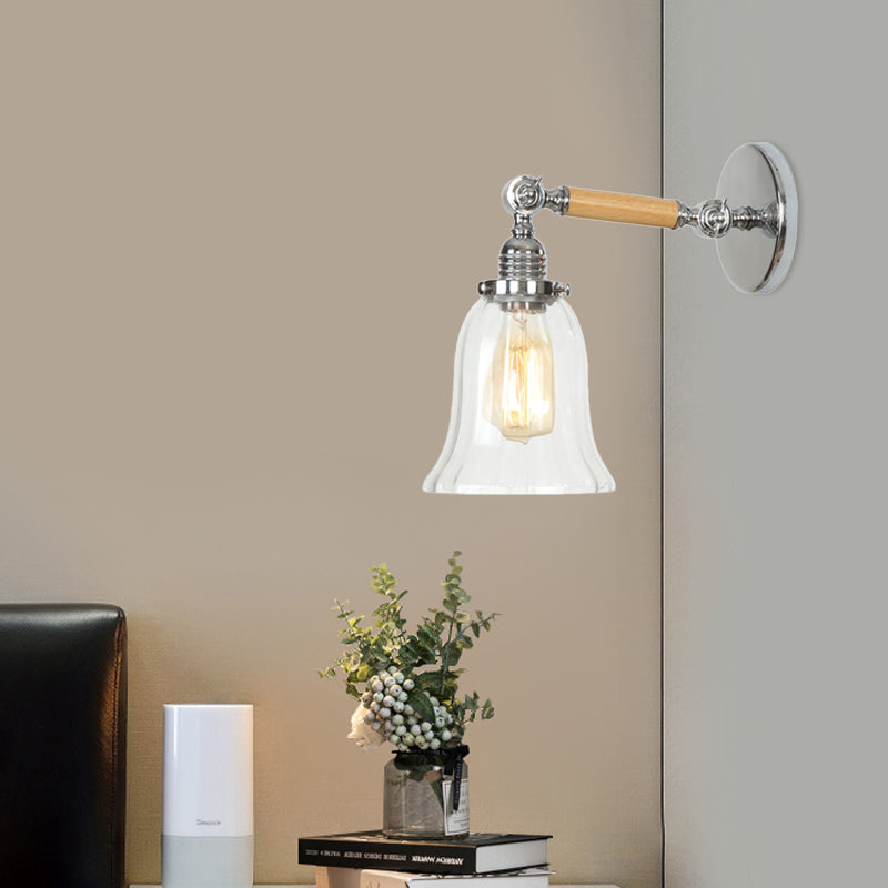Siopsrl| 1 Light Clear Textured Glass Wall Sconce Light Vintage Chrome Bell Living Room Lighting Fixture, 8"/4"/6" Wide Wooden Arm