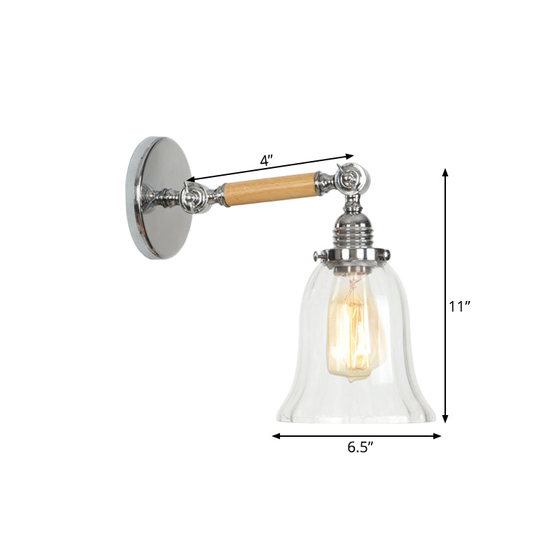 Siopsrl| 1 Light Clear Textured Glass Wall Sconce Light Vintage Chrome Bell Living Room Lighting Fixture, 8"/4"/6" Wide Wooden Arm