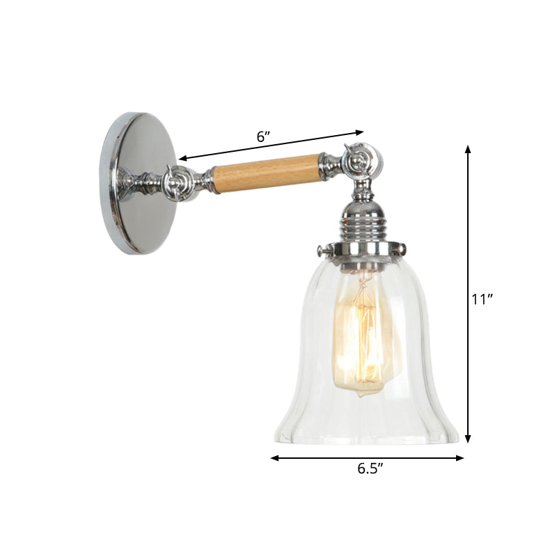 Siopsrl| 1 Light Clear Textured Glass Wall Sconce Light Vintage Chrome Bell Living Room Lighting Fixture, 8"/4"/6" Wide Wooden Arm