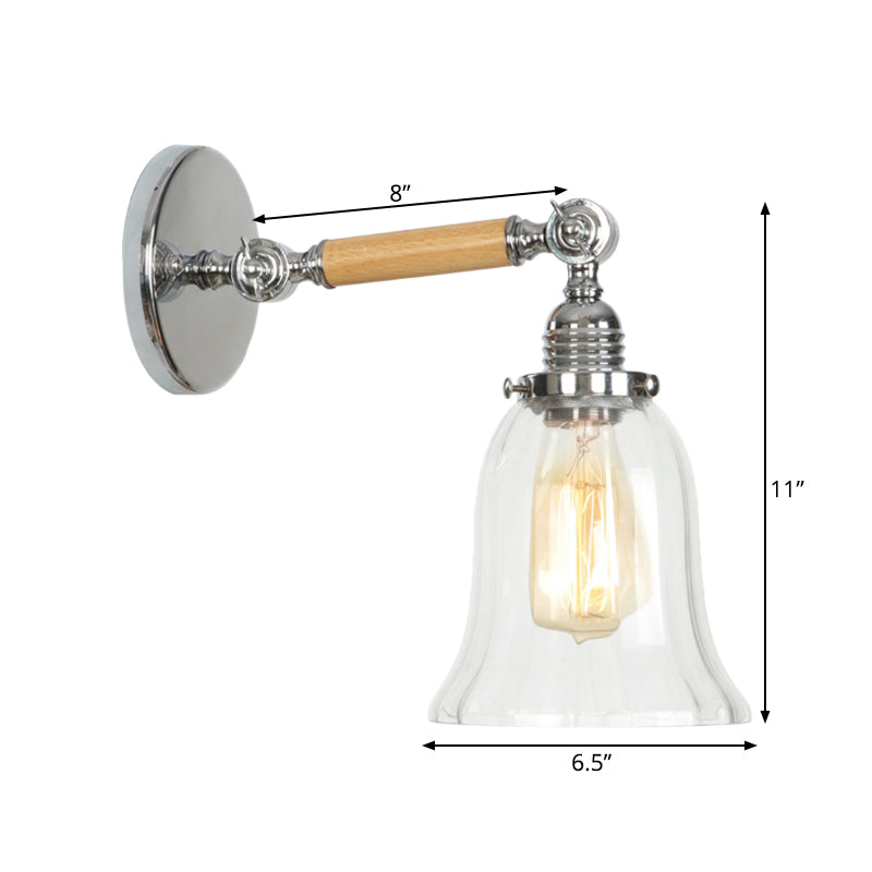 Siopsrl| 1 Light Clear Textured Glass Wall Sconce Light Vintage Chrome Bell Living Room Lighting Fixture, 8"/4"/6" Wide Wooden Arm