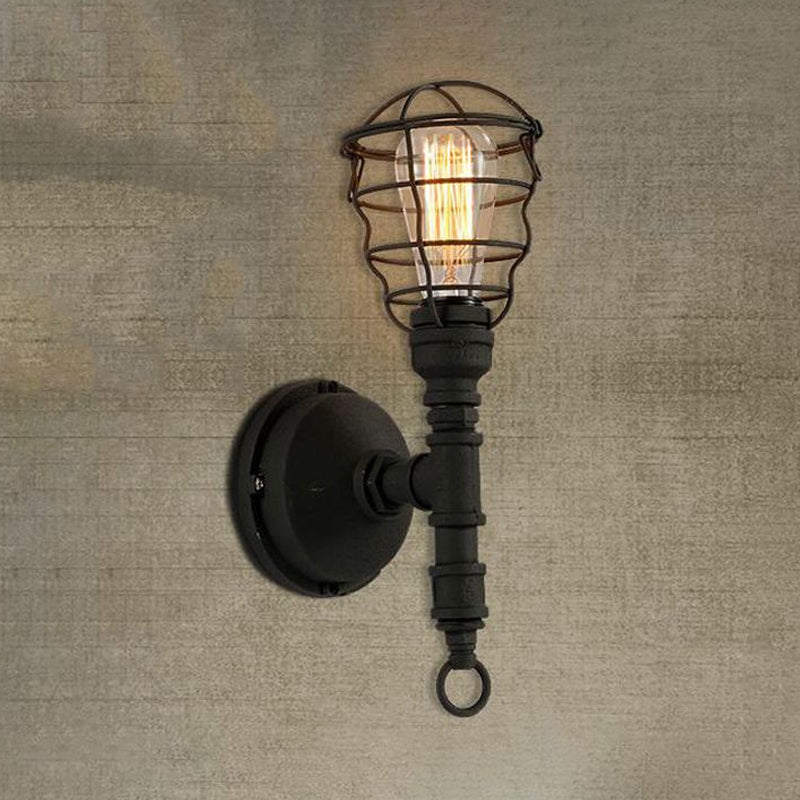 Siopsrl| Vintage Industrial Coated Wall Lamp 1 Light Metal Wall Mount Light with Water Pipe in Black for Dining Room