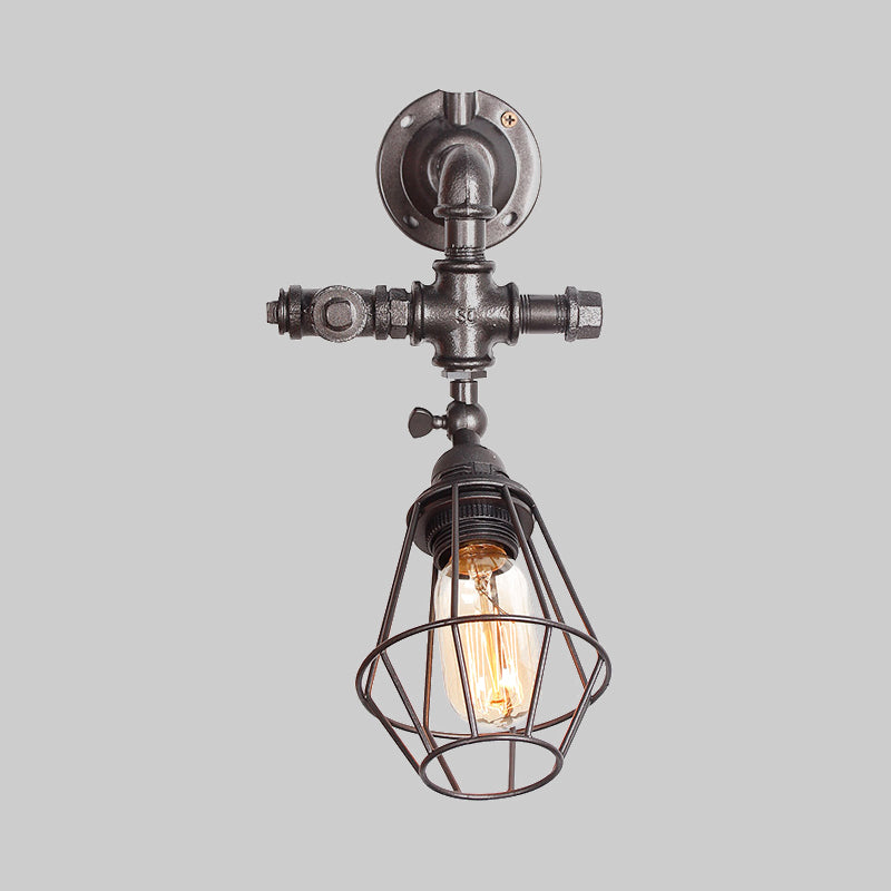 Siopsrl| Diamond Cage Iron Wall Mount Light with Pipe Design Industrial Style 1 Bulb Bedroom Wall Lighting in Antique Brass/Silver