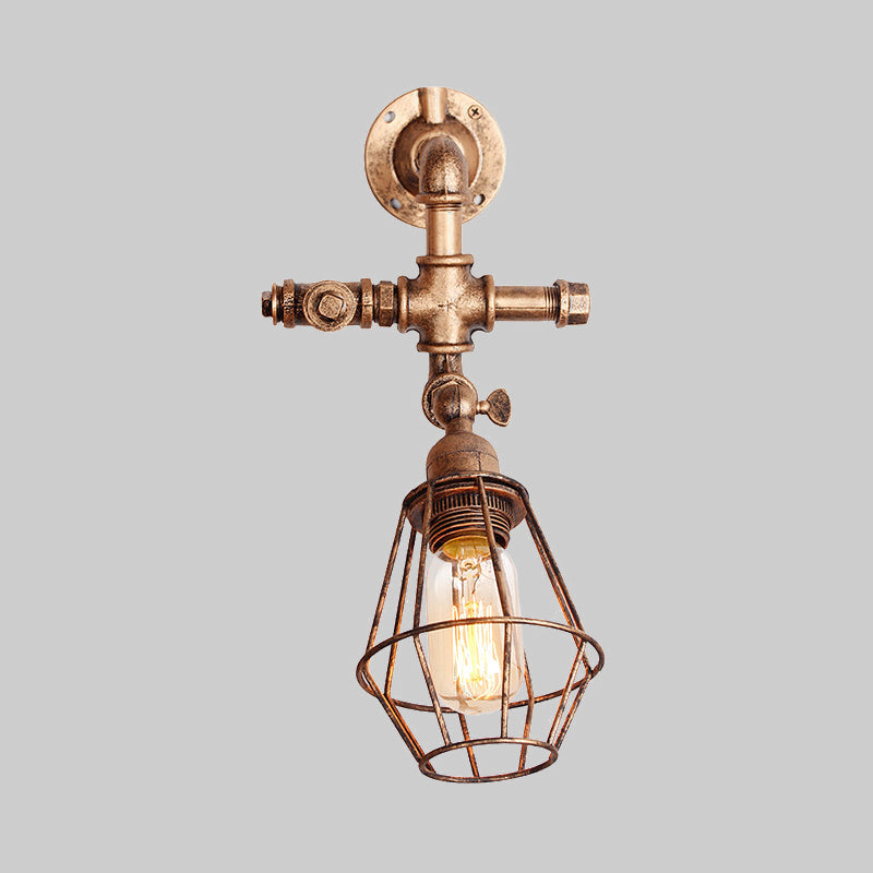 Siopsrl| Diamond Cage Iron Wall Mount Light with Pipe Design Industrial Style 1 Bulb Bedroom Wall Lighting in Antique Brass/Silver