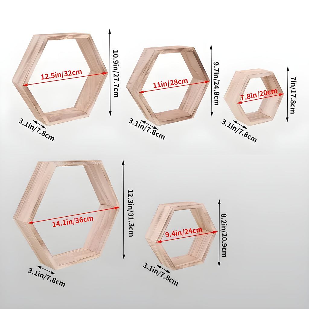 Siopsrl| Wall shelf set HexaWood | 5-piece | Hexagon design | Rustic wood look