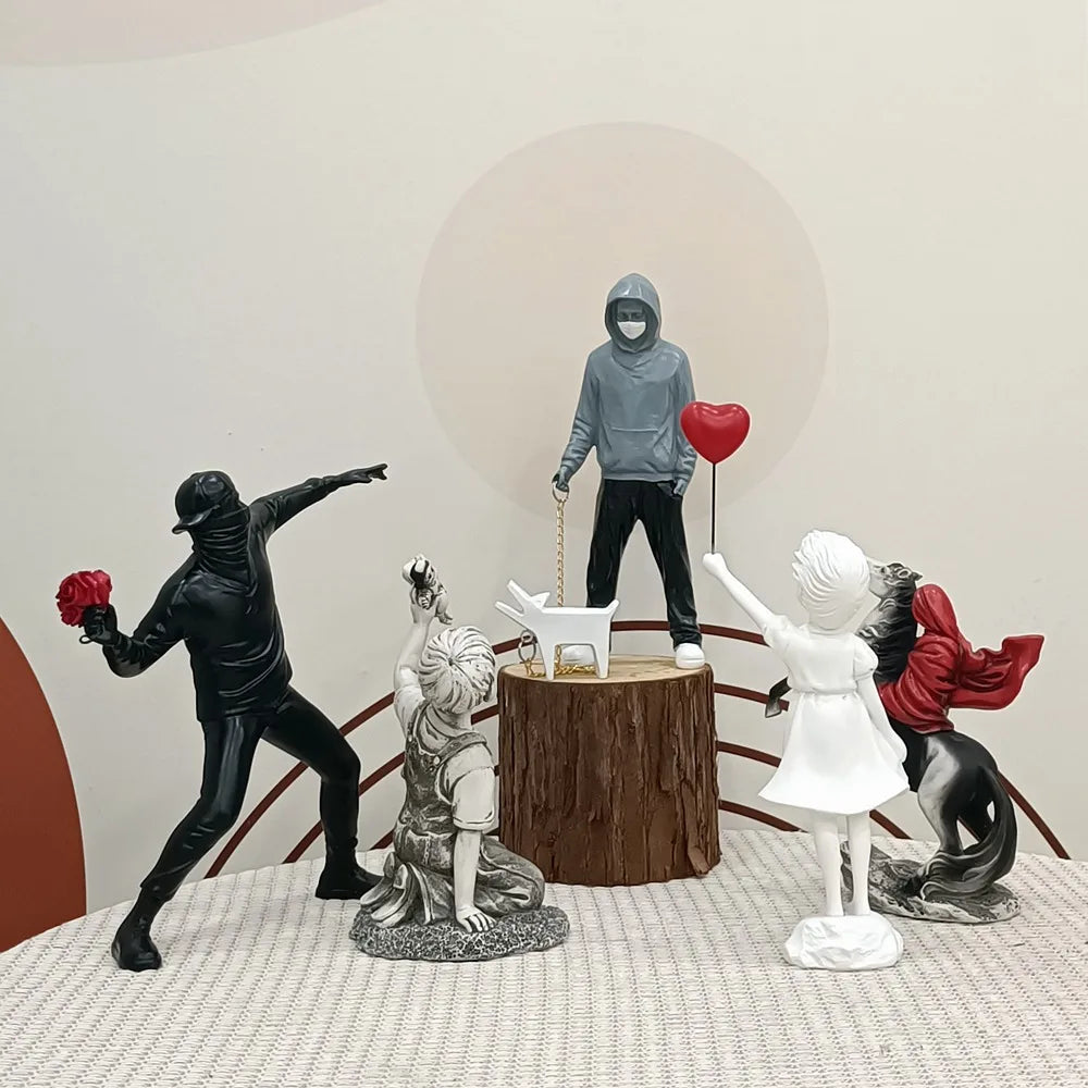 Siopsrl| Dropshipping Banksy Sculpture Collection Flower Thrower Statue Pop Art Modern Balloon Girl Figurine Office Home Decoration