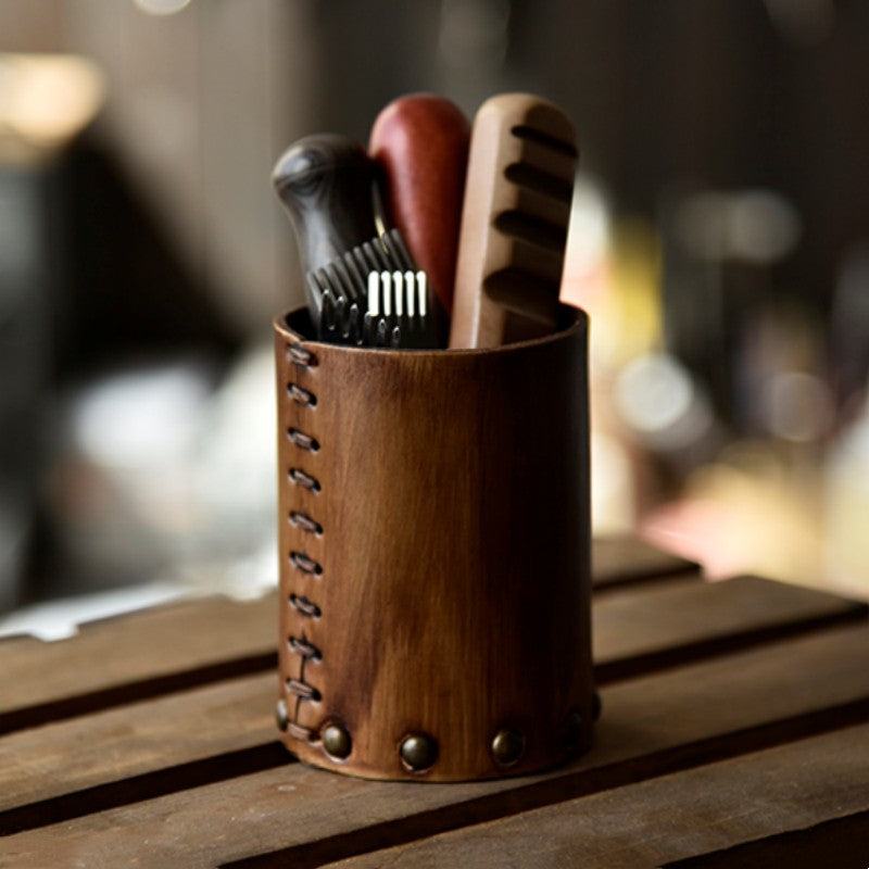 Siopsrl| Handcrafted Vegetable Tanned Leather Pen Holder Desktop Ornament
