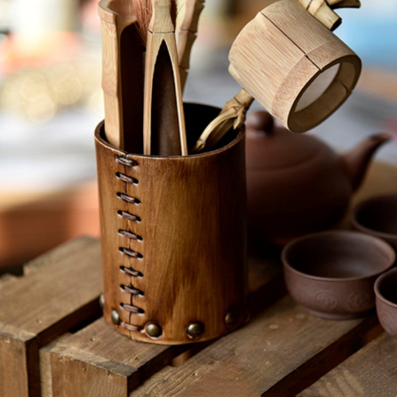 Siopsrl| Handcrafted Vegetable Tanned Leather Pen Holder Desktop Ornament