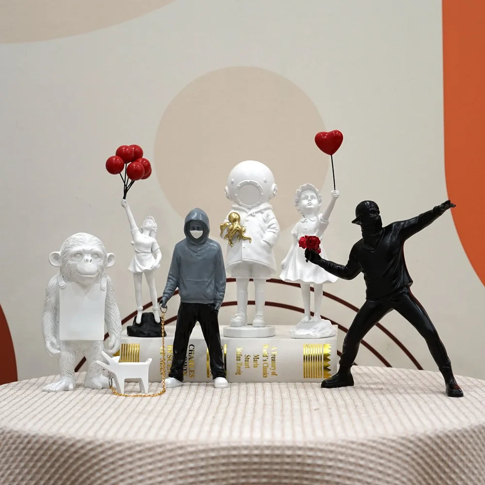 Siopsrl| Dropshipping Banksy Sculpture Collection Flower Thrower Statue Pop Art Modern Balloon Girl Figurine Office Home Decoration