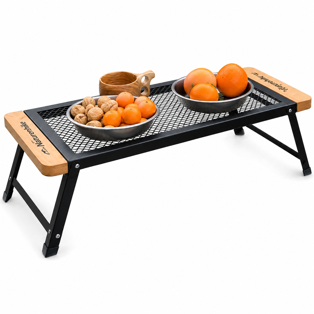 Siopsrl | Portable Folding Camping Mesh Grill Table with Wooden End Panels Siopsrl