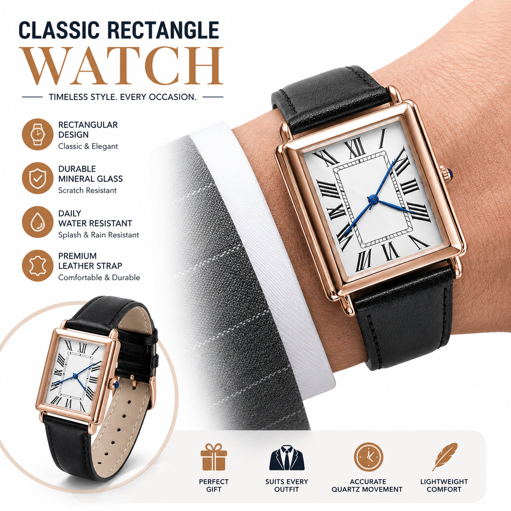 Siopsrl | Rectangular Vintage Roman Dial Leather Dress Watch Siopsrl