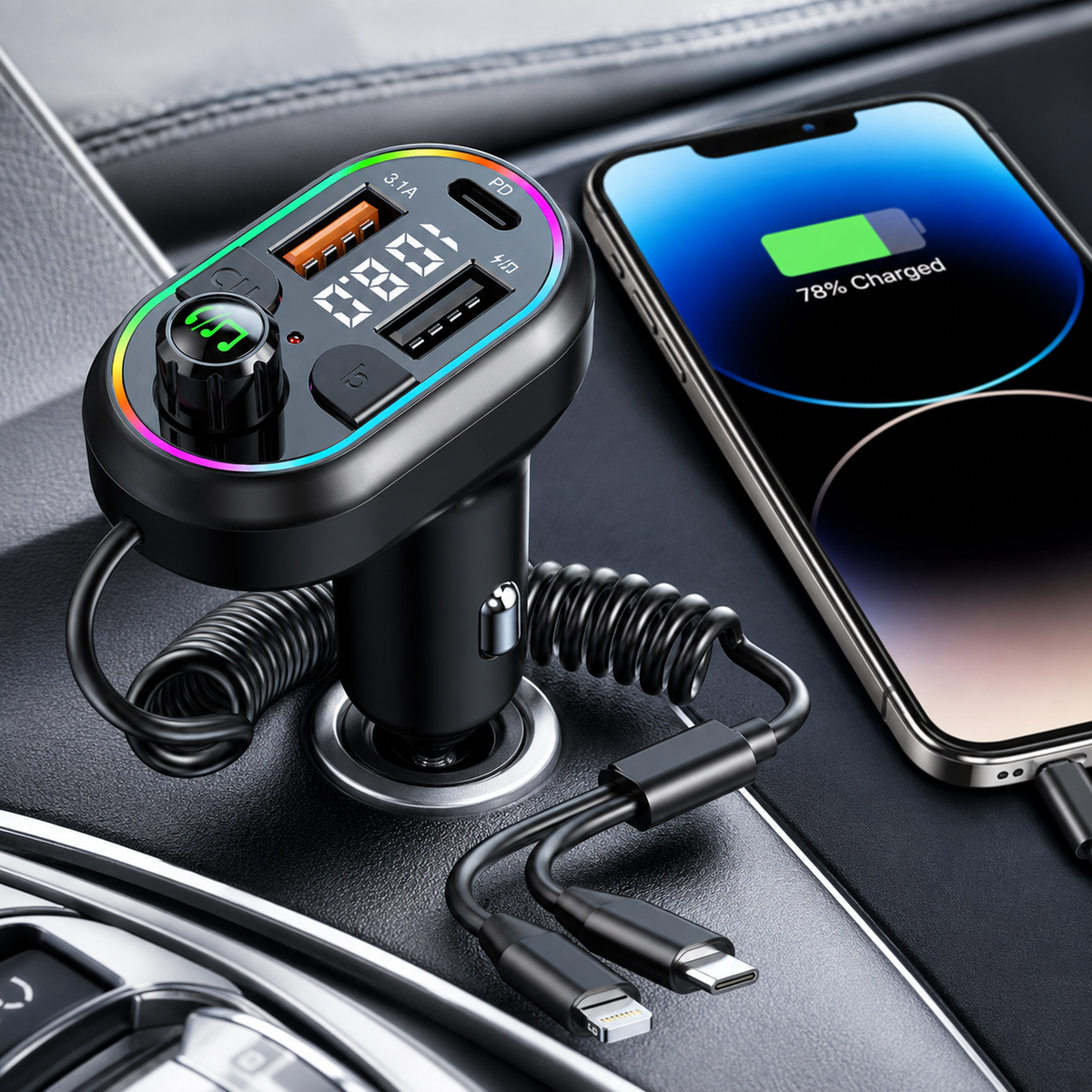 Siopsrl | Car Bluetooth FM Transmitter Power Delivery Fast Charger with Dual Lightning and USB-C Integrated Cables Siopsrl
