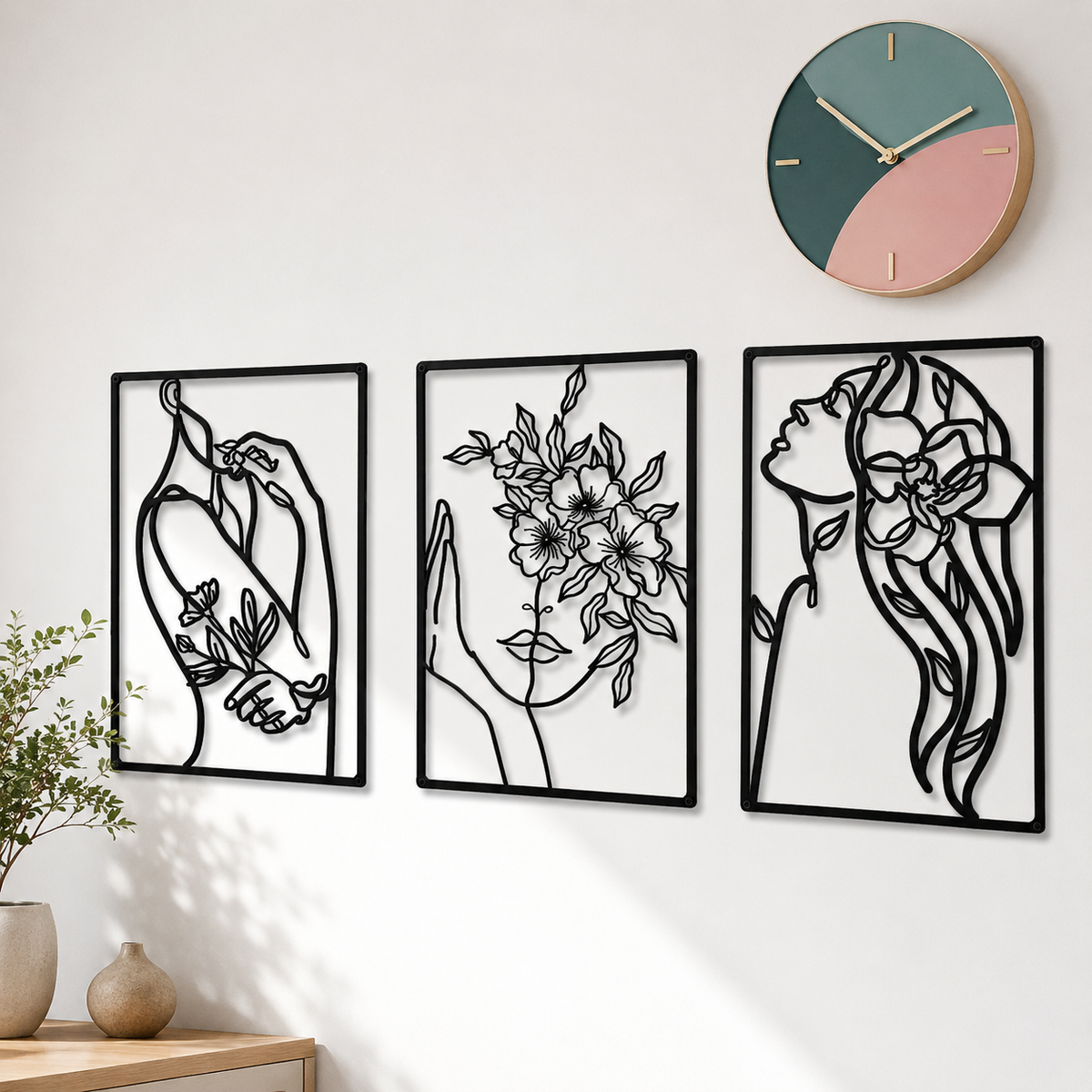 Minimalist Metal Line Art Floral Portrait Triptych Wall Panels Siopsrl