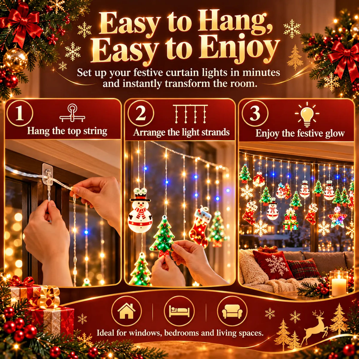 🎁Christmas Ornament Curtain Lights – Light-Up Holiday Window Decorations for Home