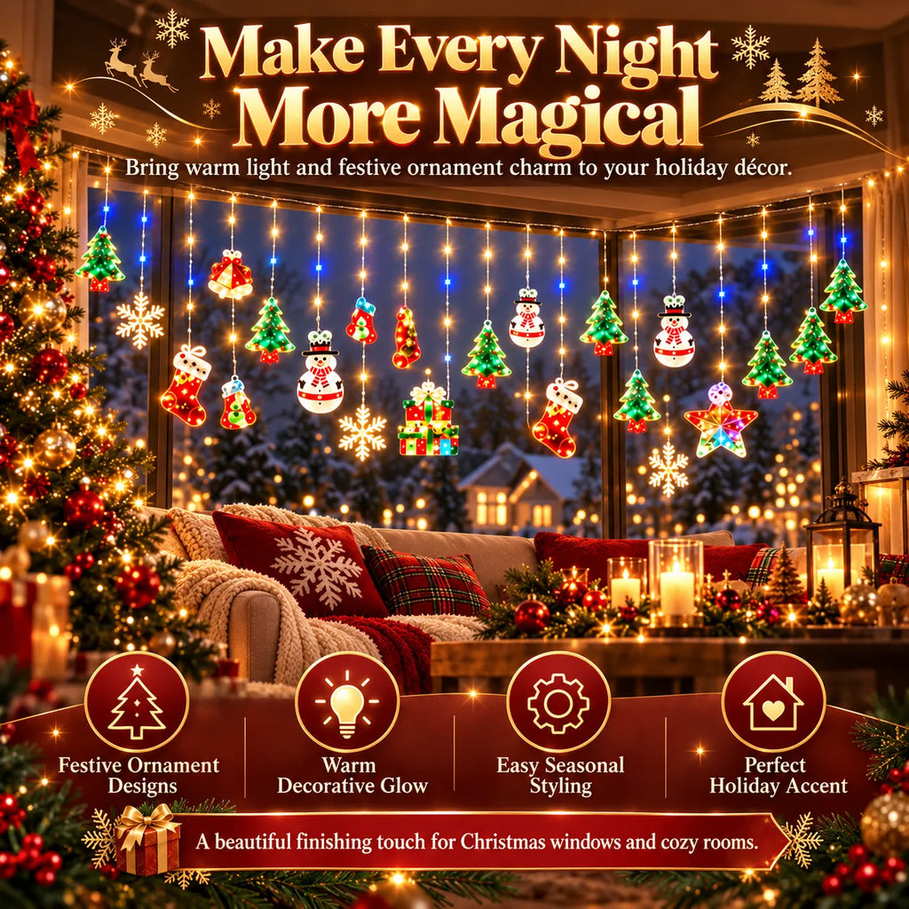 🎁Christmas Ornament Curtain Lights – Light-Up Holiday Window Decorations for Home