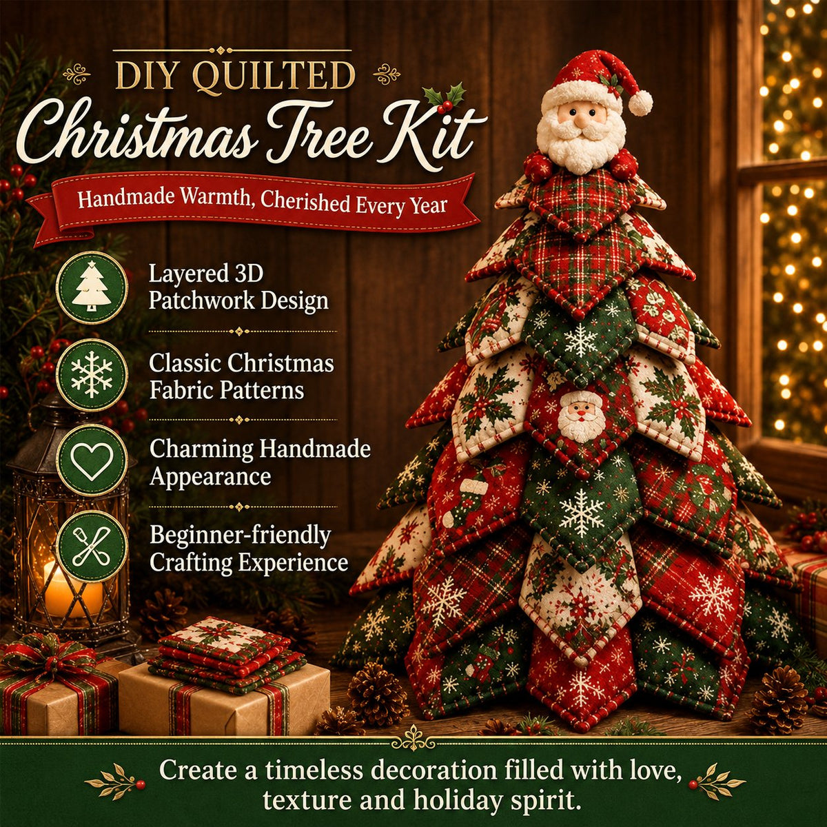 🎅 Santa Claus Patchwork Tree Quilt Kit – Easy Layered Fabric Holiday Décor