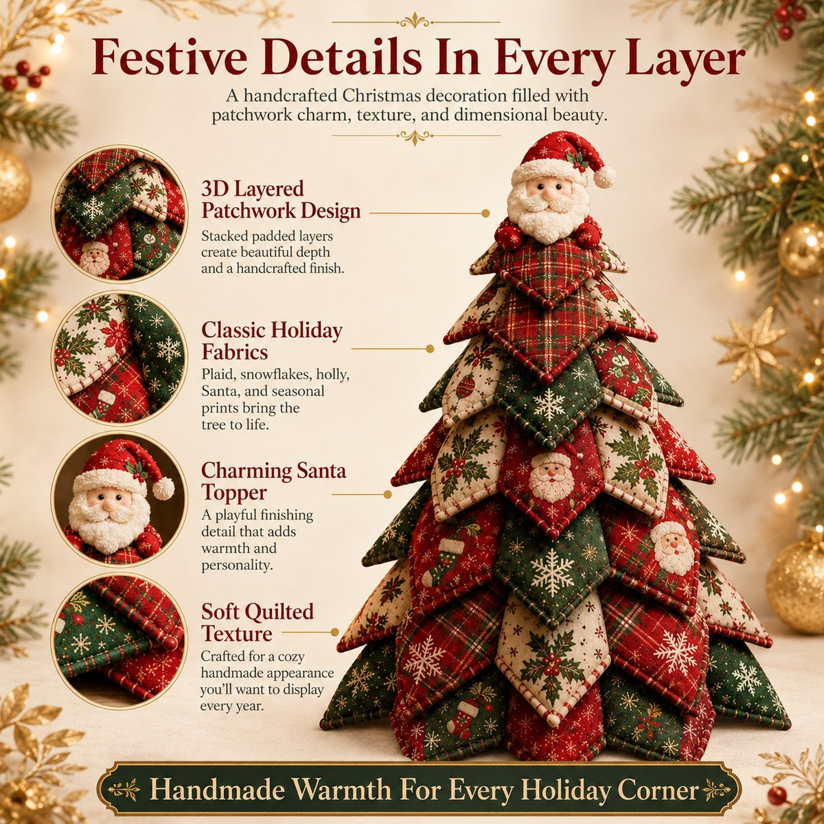 🎅 Santa Claus Patchwork Tree Quilt Kit – Easy Layered Fabric Holiday Décor