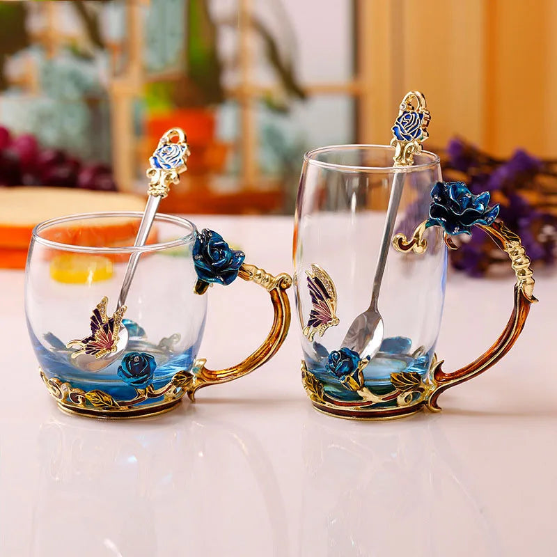Siopsrl| Handcrafted Enamel Coffee Mugs Rose-Glass Tea Cup with Steel Spoon Luxury Unique Gifts for Wedding Valentine's Day Birthday Gifts