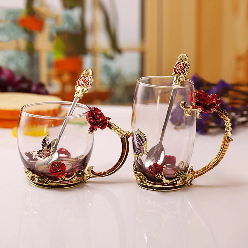 Siopsrl| Handcrafted Enamel Coffee Mugs Rose-Glass Tea Cup with Steel Spoon Luxury Unique Gifts for Wedding Valentine's Day Birthday Gifts